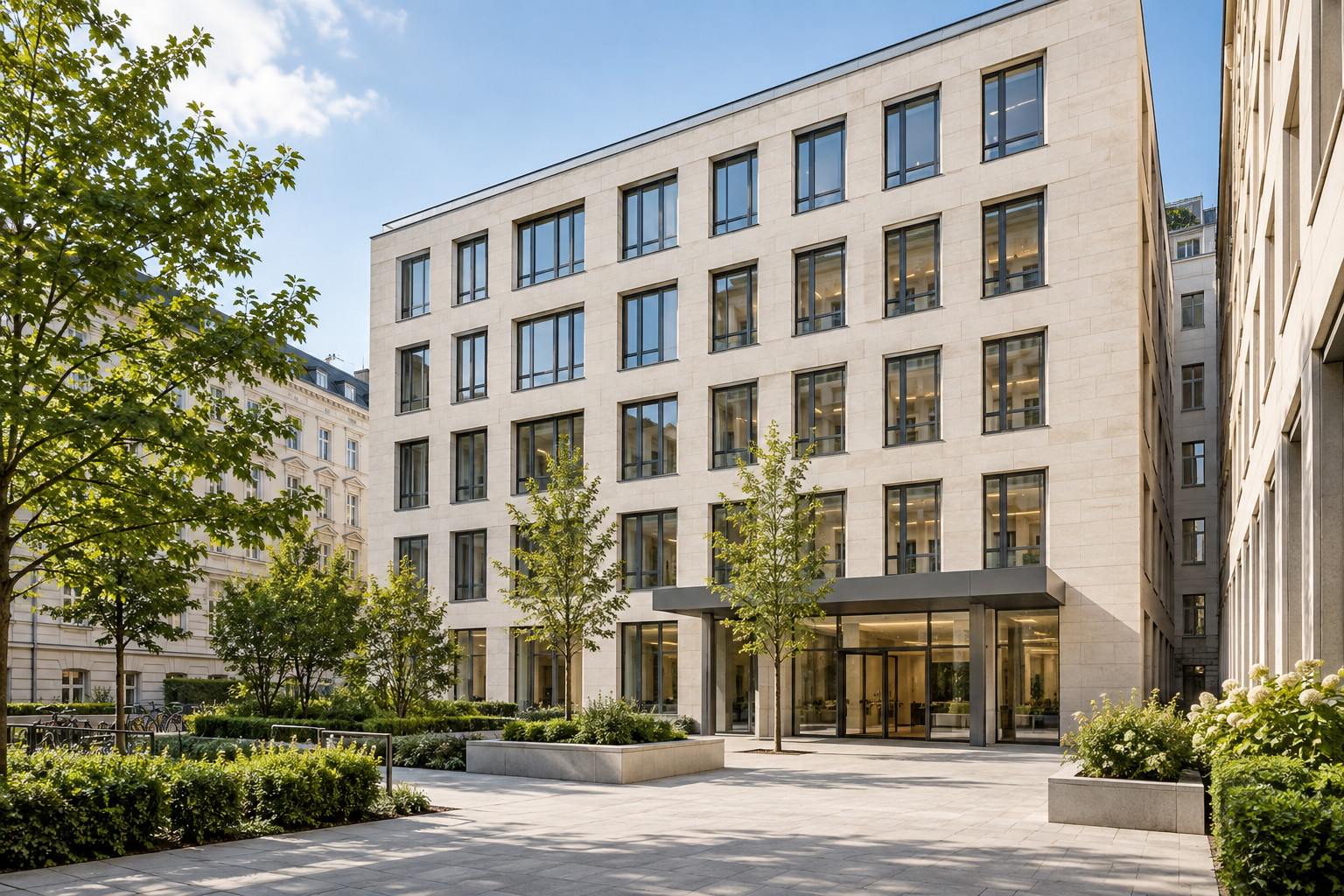 Büro- und Geschäftsgebäude mit bepflanztem Innenhof