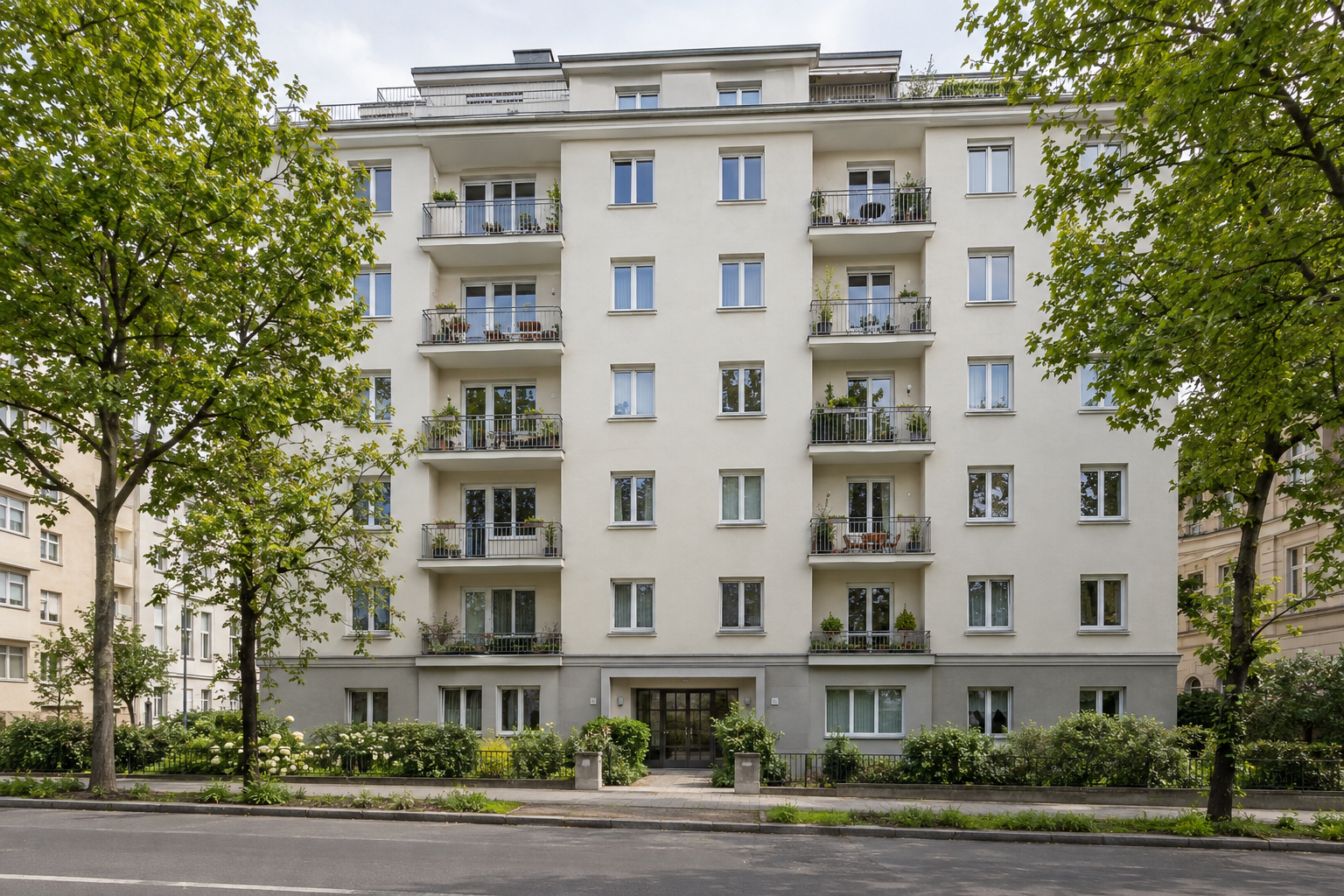 Mehrgeschossiges Wohngebäude mit Balkonen und begrüntem Vorplatz